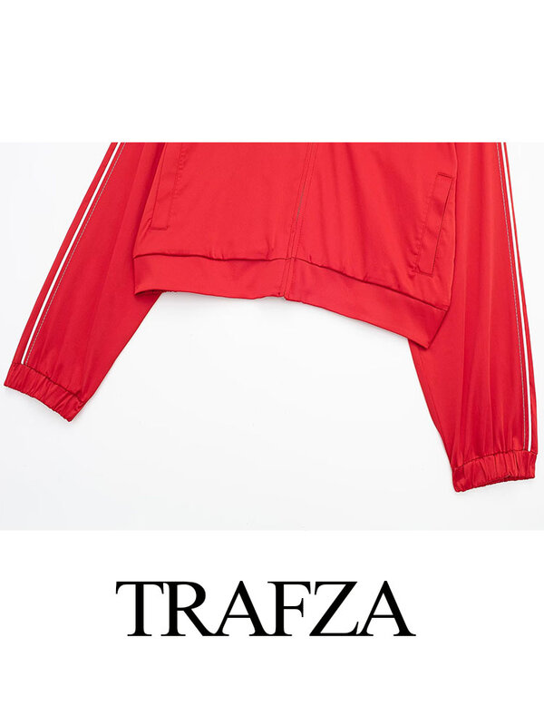 TRAFZA Women Fashion Casual Bump Striped Decoration Zipper Coat+Female Spring Vintage Drawstring Pocket Loose Pants 2 Piece Suit