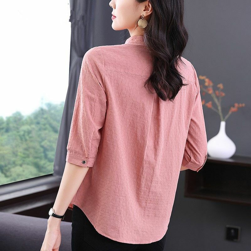 Summer Loose Casual Simplicity Oversized Women's Shirt Retro Solid Color Button Pockets Open Stitch V Neck Long Sleeve Y2K Tops