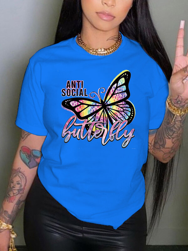 LW-camisetas de talla grande para mujer, Camiseta con estampado de letras de mariposa de diamantes de imitación, L-5XL Regular de manga corta con posicionamiento, Camiseta con cuello redondo