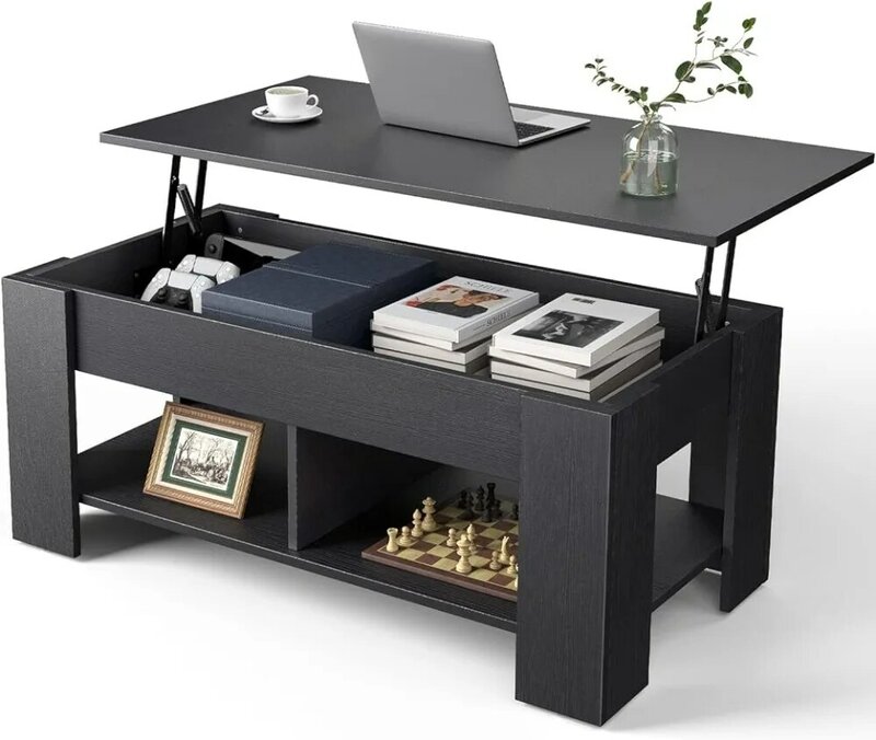 Lift Top 39in Hidden Compartment and Storage Shelf, Solid Wood Coffee Table for Living Room, 39" D x 19.7" W x 21.9" H, Black