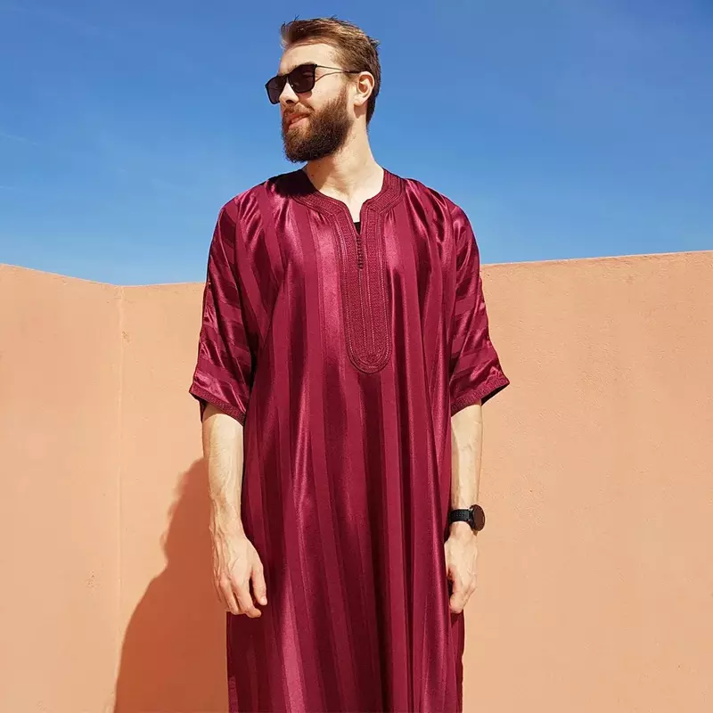 New Vintage Loose Men Arab Muslim Fashion Robe Men's Short Sleeve Jubba Thobe Solid Striped Kaftan Eid Prayer Long Robe Dress