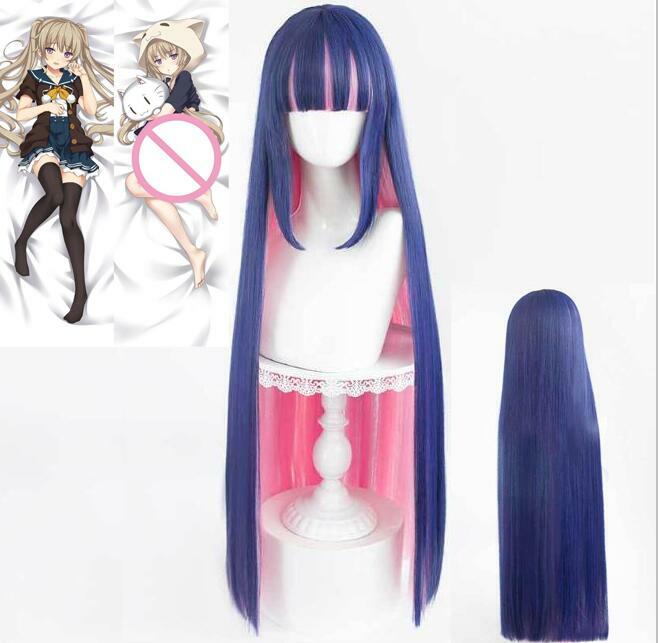 Wig serat sintetis Cosplay, wig sintetis, celana dalam Anime, stoking dengan Garterbelt, Cosplay warna gradien, sarung bantal rambut panjang, sarung bantal