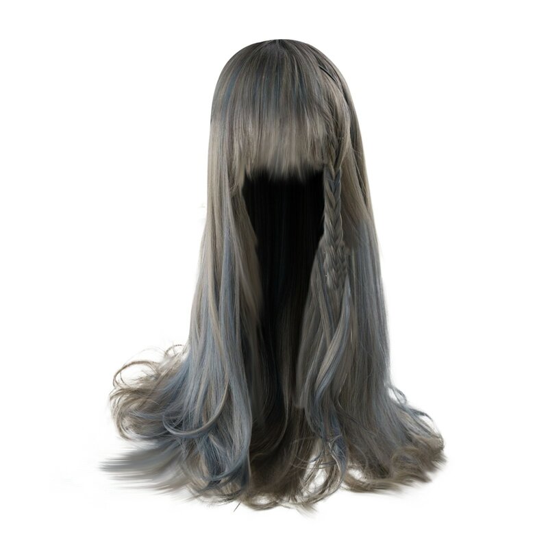 Damska peruka syntetyczna Lolita długa kręcona Ombre dwukolorowa srebrna niebieskie włosy do Cosplay z grzywką dla kobiet peruka termoodporna