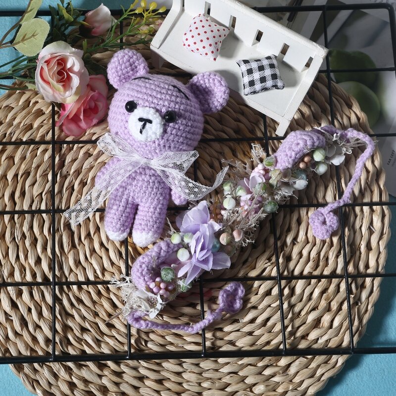 Boneca de urso e crochê para bebê recém-nascido, 2 peças, conjunto de chapéu tricô para bebê, boneca artesanal, brinquedo para fotos, acessórios de adereços