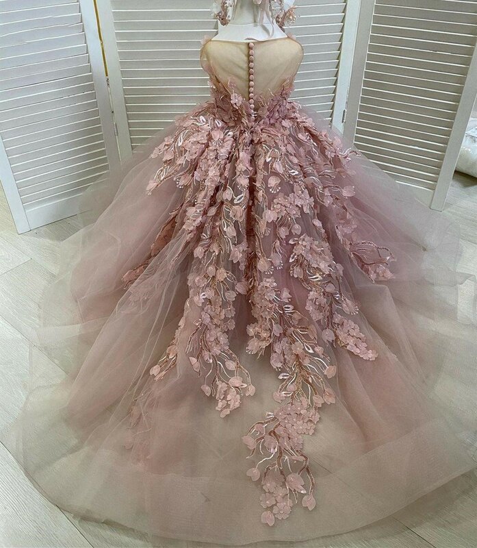 Principessa Tulle Applique pizzo fiore ragazza vestito lungo lunghezza senza maniche gonfio prima comunione festa di compleanno Prom Ball Pageantgown