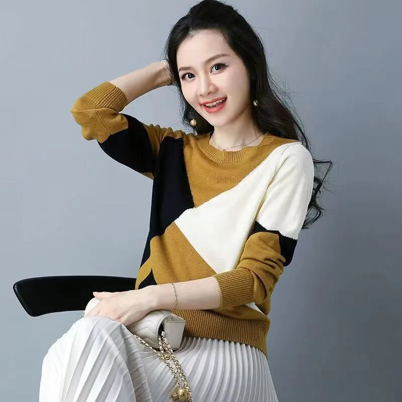 Elegancka modna dzianinowe swetry kontrastowe kolory z okrągłym dekoltem dla kobiet 2023 nowa odzież damska z długie swetry rękawem