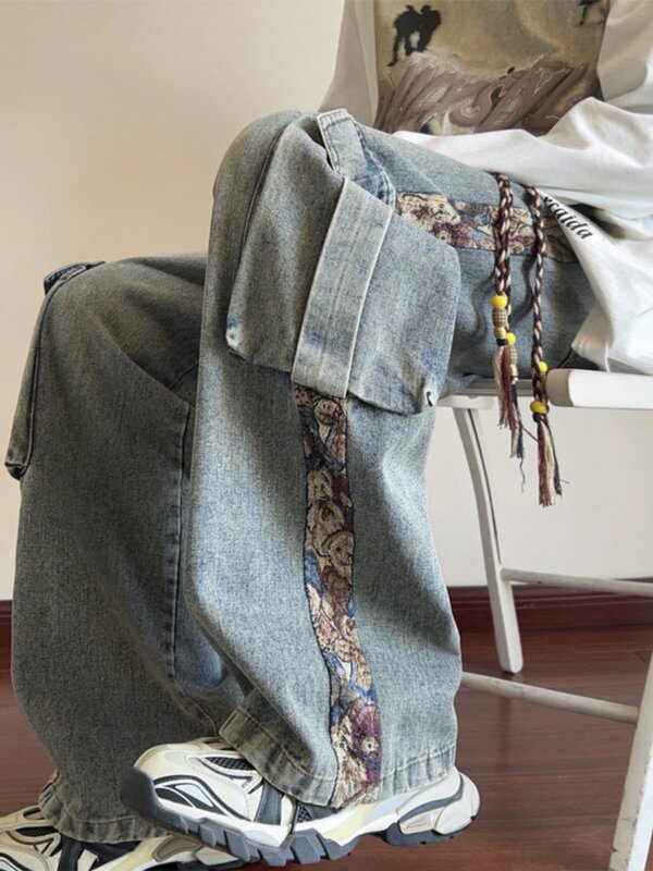 Amerykańskie haftowane spodnie patchworkowe dla mężczyzn na wiosnę i jesień, wyprane i zużyte dżinsy robocze, luźna zasłona z prostymi nogawkami