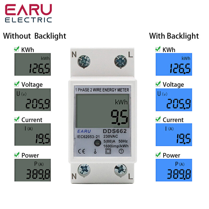 Monofásico Dois Fios LCD Digital Display Wattmeter, Consumo de Energia, Medidor Elétrico de Energia, Trilho DIN, KWh, AC, 230V, 50Hz