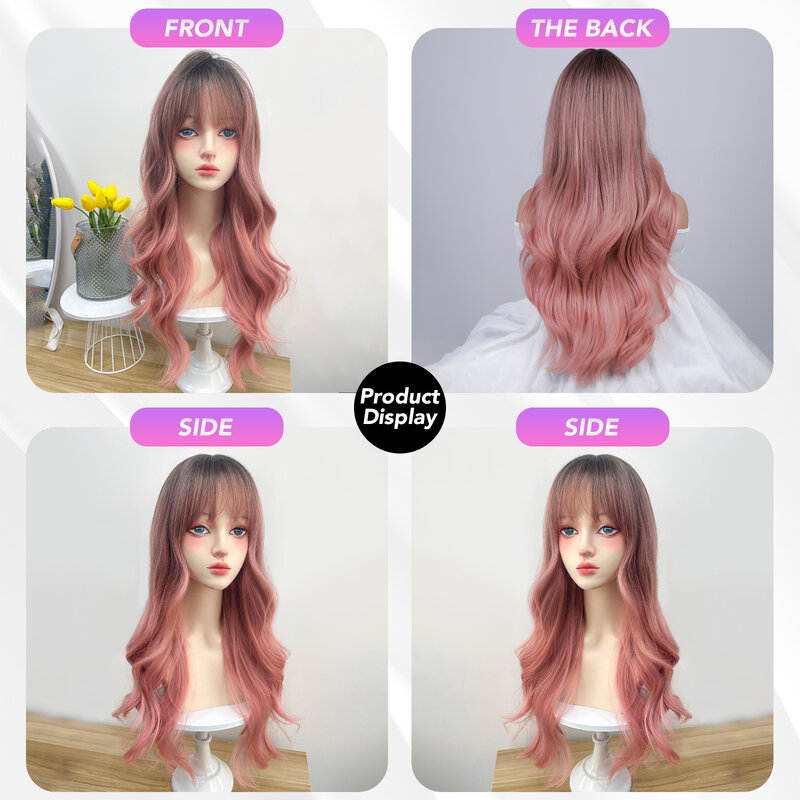 MEISU Gradient Pink Brown Curly Wave Bangs Wig 24 Inch Fiber Synthetic Wig Heat-resistant Natural Party or Selfie For Women