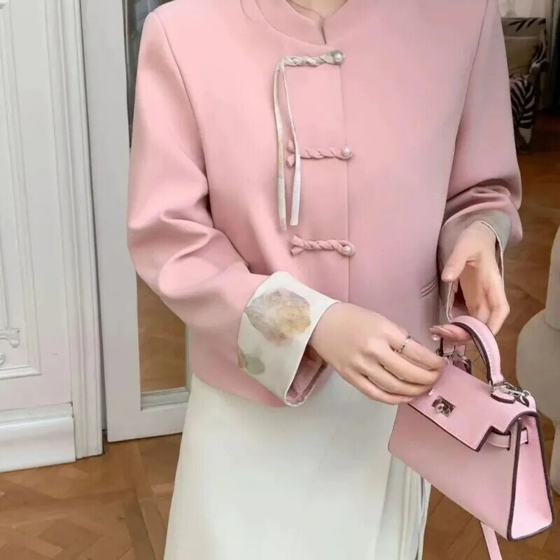 New Chinese Style Women's Fashionable Elegant Classic Retro Round Neck Long Sleeve Vintage Chic Casual Splicing Cuffs Coat