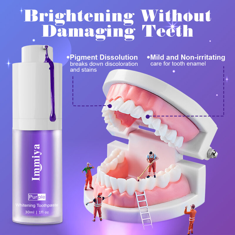Creme dental branqueador roxo não invasivo, Correção de cuidados dentários, Dentes branqueadores, Reduzir amarelecimento, 30ml