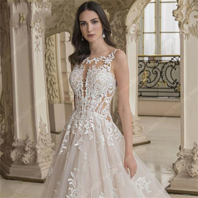 Gaun pengantin wanita cantik elegan gaun pengantin panjang mengepel gaun pengantin putri pesta stiker renda buatan tangan Formal Vestidos De Novia