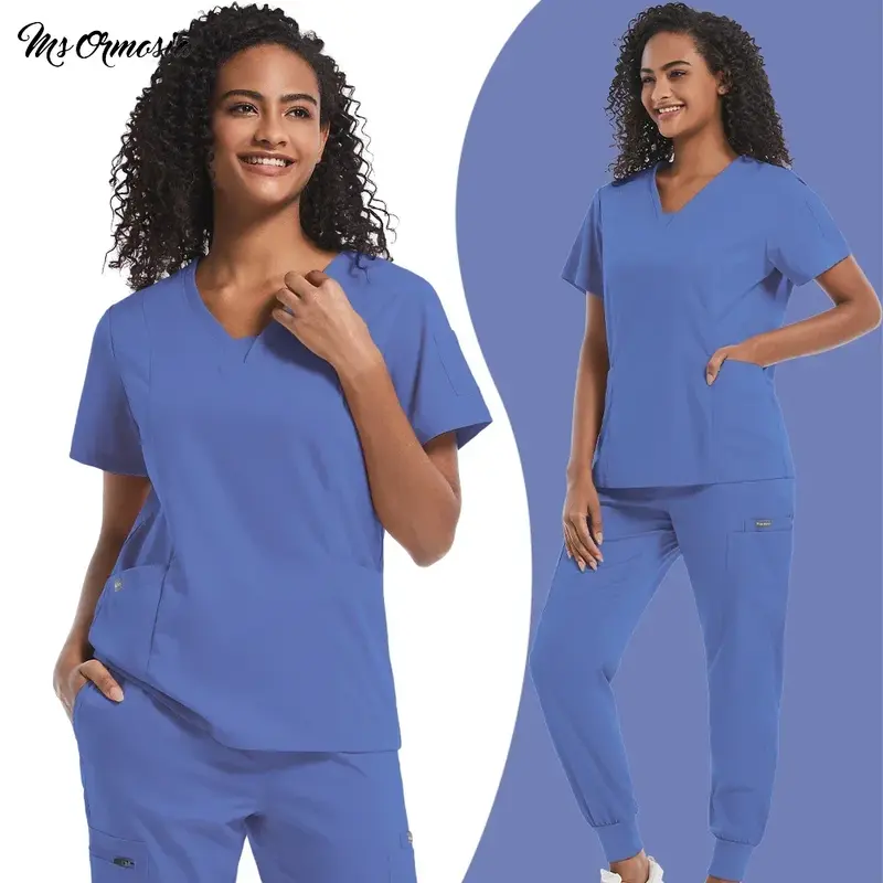 Uniforme médico de 2 piezas para mujer, conjunto de ropa de enfermera Unisex, Top con bolsillo y pantalones con cremallera, trajes para correr, ropa de enfermería para sala de operaciones