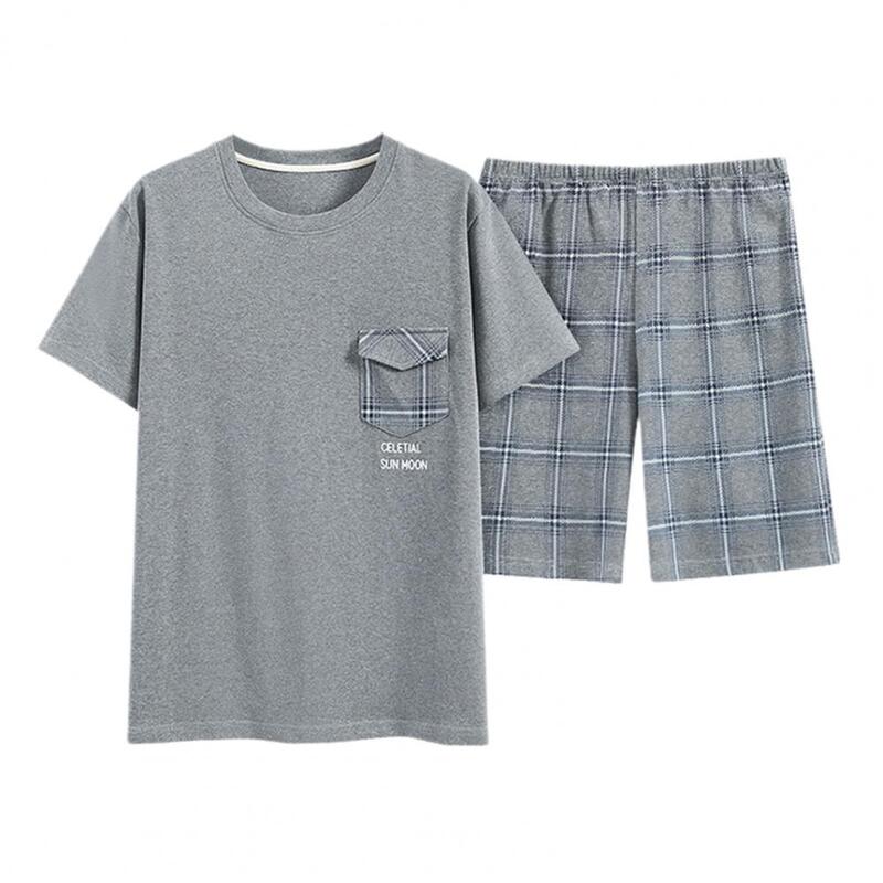 Cozy Loungewear Set Men's Summer Pajamas Set with O-neck Tee Shirt Wide Leg Shorts Plaid Pants Shorts Pajamas Set for Leisure
