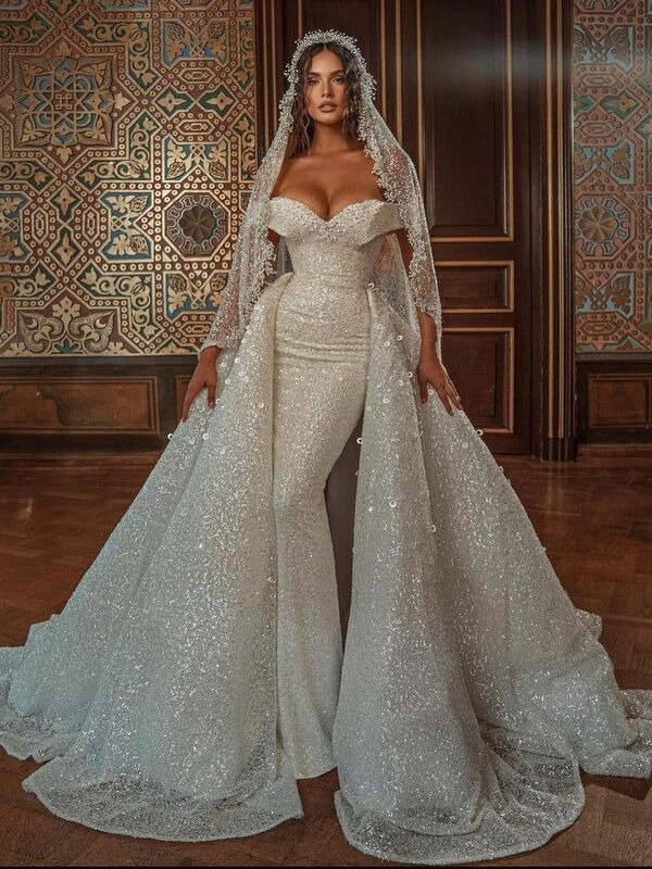 Gaun Pernikahan Putri Duyung Berpayet Gemerlapan Gaun Pengantin Glitter Tanpa Bahu Manik-manik Berjenjang Vestido De Noiva dengan Kereta Yang Dapat Dilepas