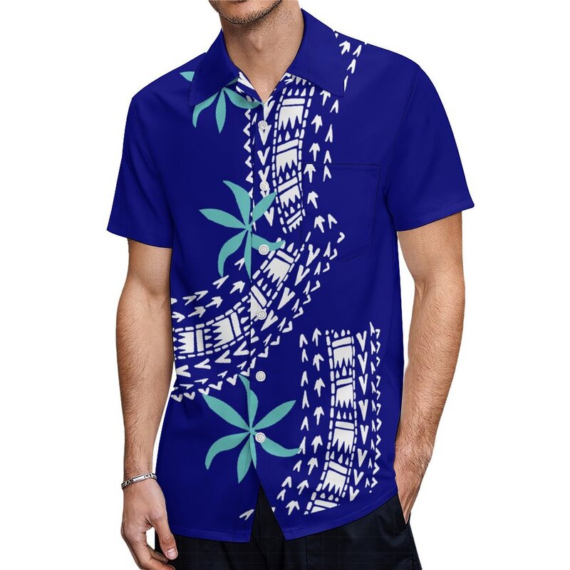 زي زوجين أزرق بولينيزي للرجال والنساء ، فساتين أزياء مومو ساموا بجيوب ، طباعة قميص هاواي مخصص