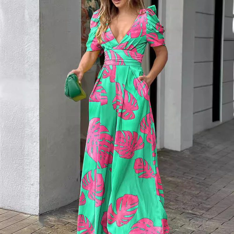 High Quality Women's Printed V-neck Lantern Sleeves, Waist Length Pants Short Sleeved Jumpsuit Date Outfit Women Club Outfits