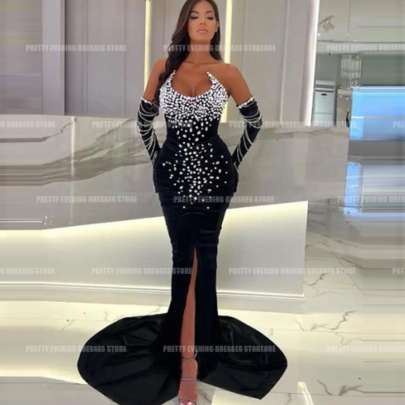 Fashion New Crystal Evening Dresses For Woman Mermaid Sexy Boat Neck Sleeveless Side Split Formal Party Prom Gowns Gloveless