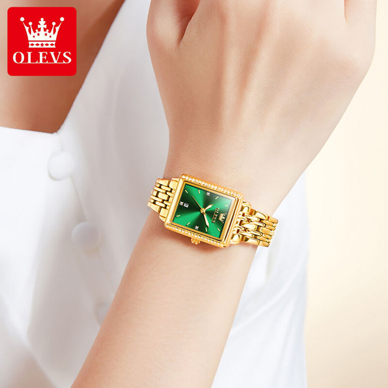 OLEVS Women's Watches Gold Rectangular Dial Quartz Watch Diamond Calendar Waterproof Elegant Original Brand Lady Wristwatch New