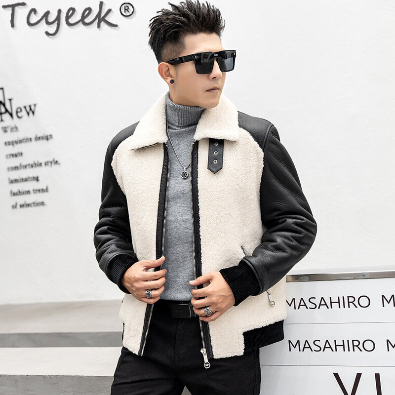 Tcyeek-Jaquetas de couro para homens, casaco curto natural de pele de carneiro, jaqueta de lã de inverno, casacos reais casuais