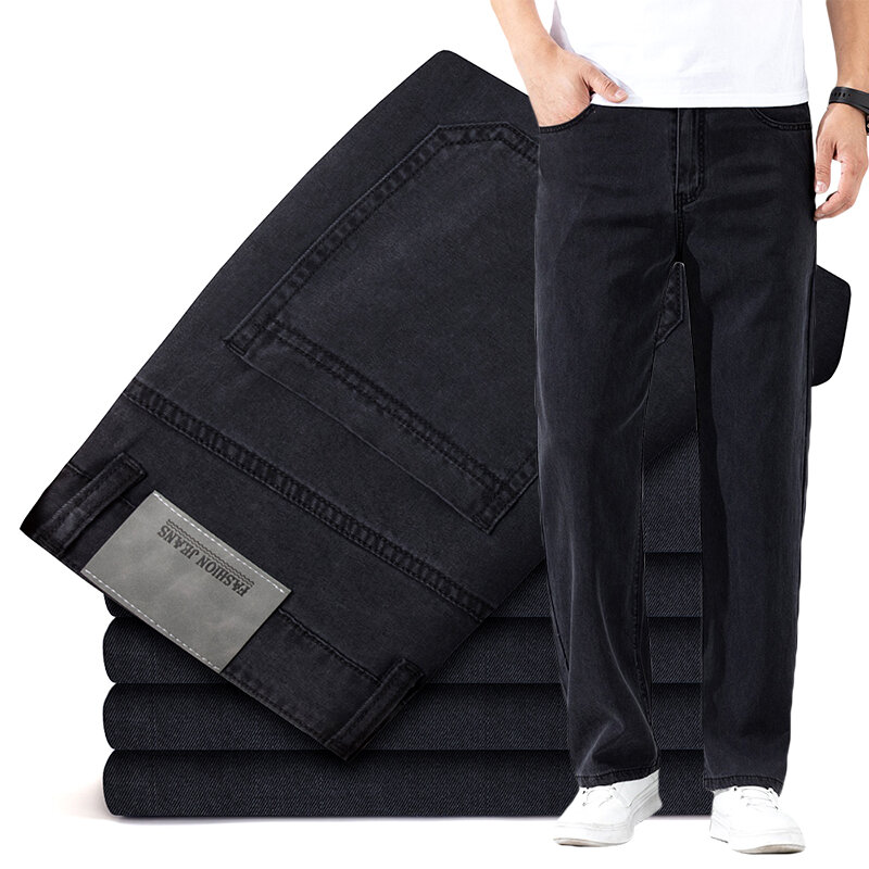 Jeans classici neri dritti in Lyocell per uomo estate sottile morbido confortevole elastico sciolto pantaloni in Denim di seta ghiaccio vestiti di marca