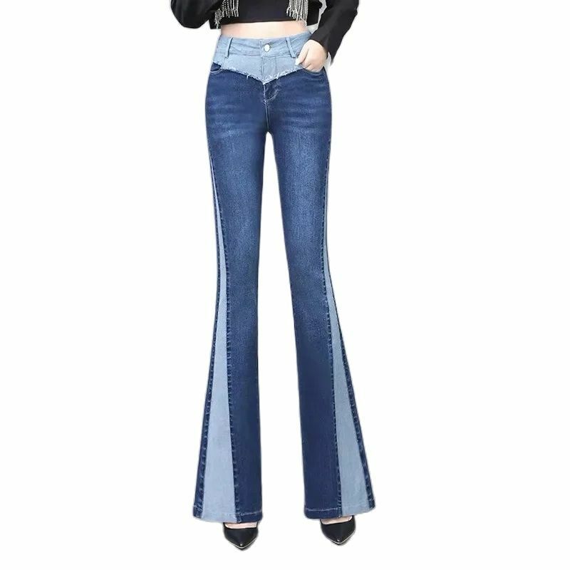 Kowbojskie spodnie damskie jesienne 2024 nowy kontrastowy kolor z wysokim stanem, smukły i wysoko wiszący, wąski i mikro-spodnie dżinsowe