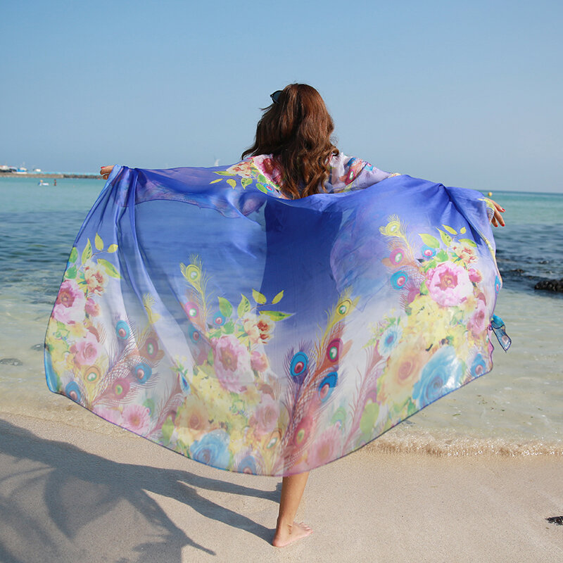 Lenço de seda boho estampado feminino, faixa de chiffon grande, envoltório de cobertura, sarongue, protetor solar, xale grande para mulheres, praia, verão
