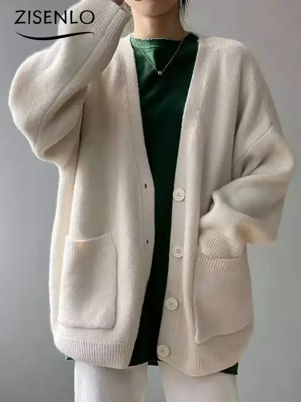 Cárdigan de punto de Color puro para mujer, suéter informal, abrigo de punto, moda coreana, estilo suelto y perezoso, Otoño, nuevo