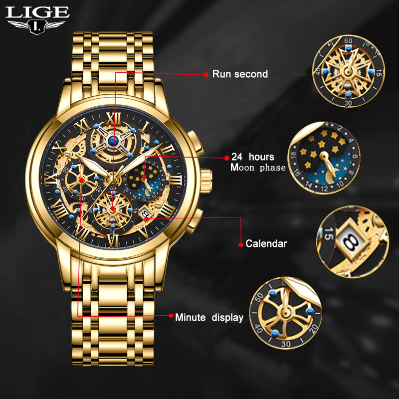Часы наручные LIGE Мужские кварцевые, спортивные золотистые полностью стальные водонепроницаемые с хронографом и коробкой