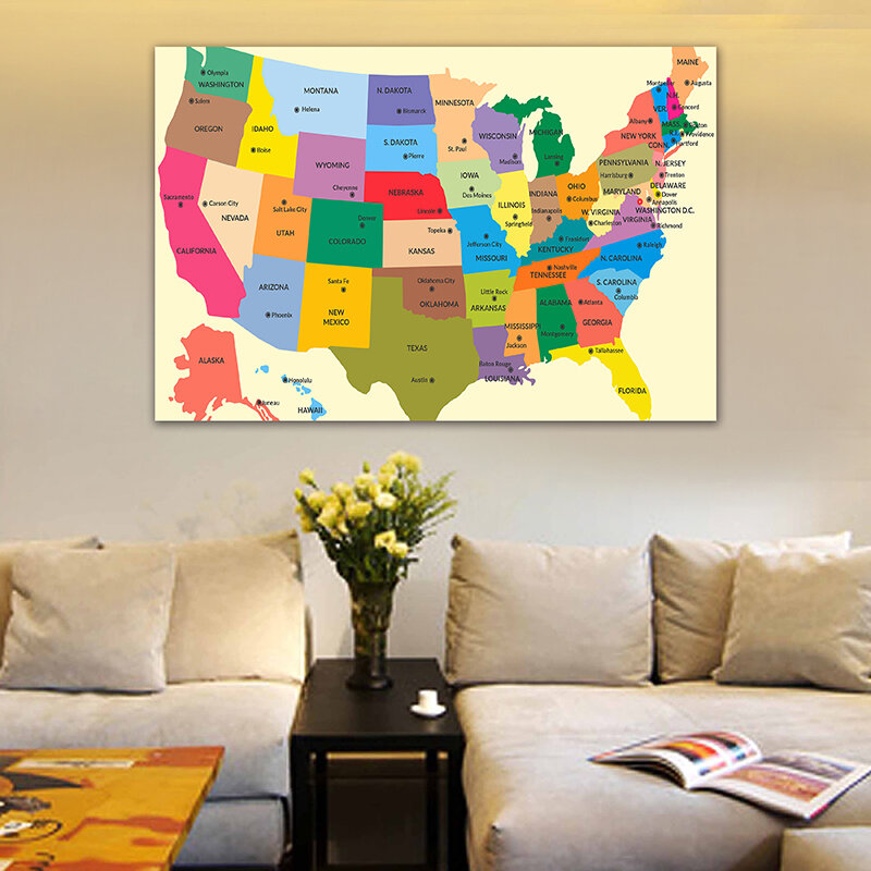 225*150 см карта США на английском языке Нетканая Картина на холсте декоративный постер и принты для гостиной домашний декор офисные принадлежности