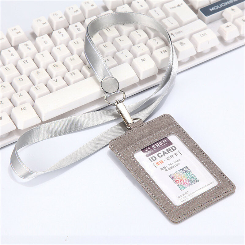 PU Leather Student Staff Work ID Holders Case Women Men Business Badge License Card Holder with Lanyard School Office Supplies