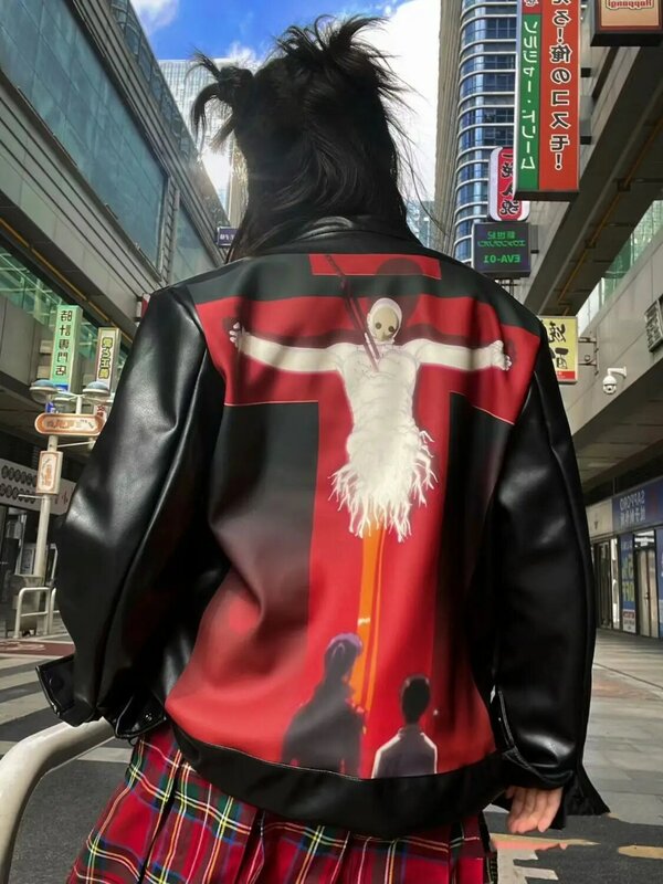 Jaqueta de couro feminina, moda casual, casaco gótico, roupas, design de anime, Harajuku, Second Edward, estampado, americano, Y2K