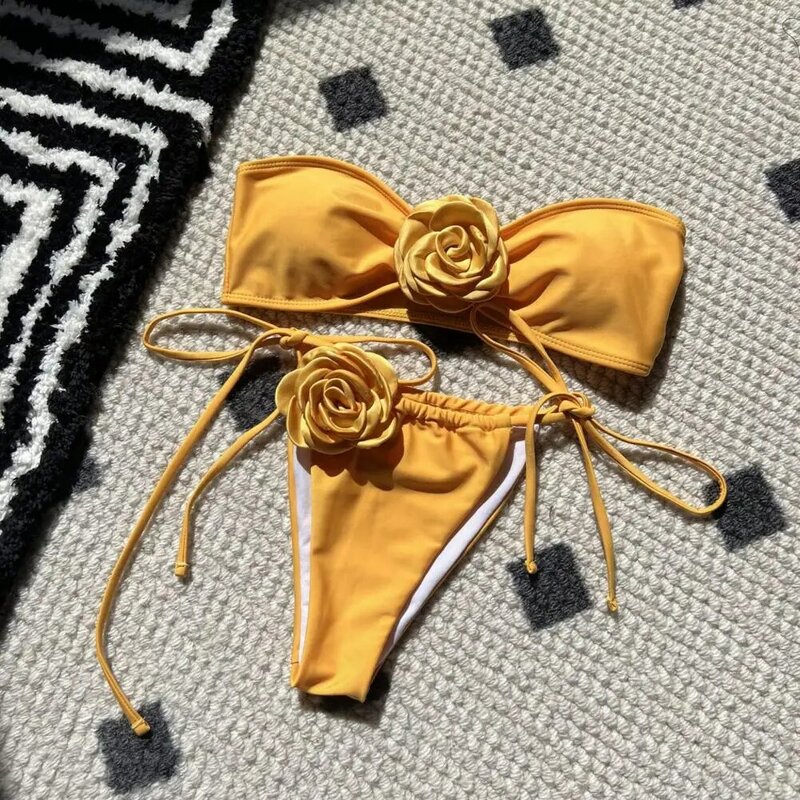 Solid Color Swimsuit with 3d Flowers Floral Bandeau Bikini Set with Lace-up Swim Briefs Women's Solid Color Swimsuit for Quick