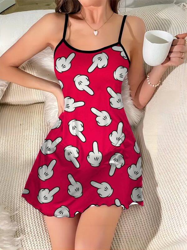 Falda de pijama elegante de Minnie Mouse, Vestido corto de satén con cuello redondo y ribete de lechuga de Mickey, moda de Disney para verano, 2024