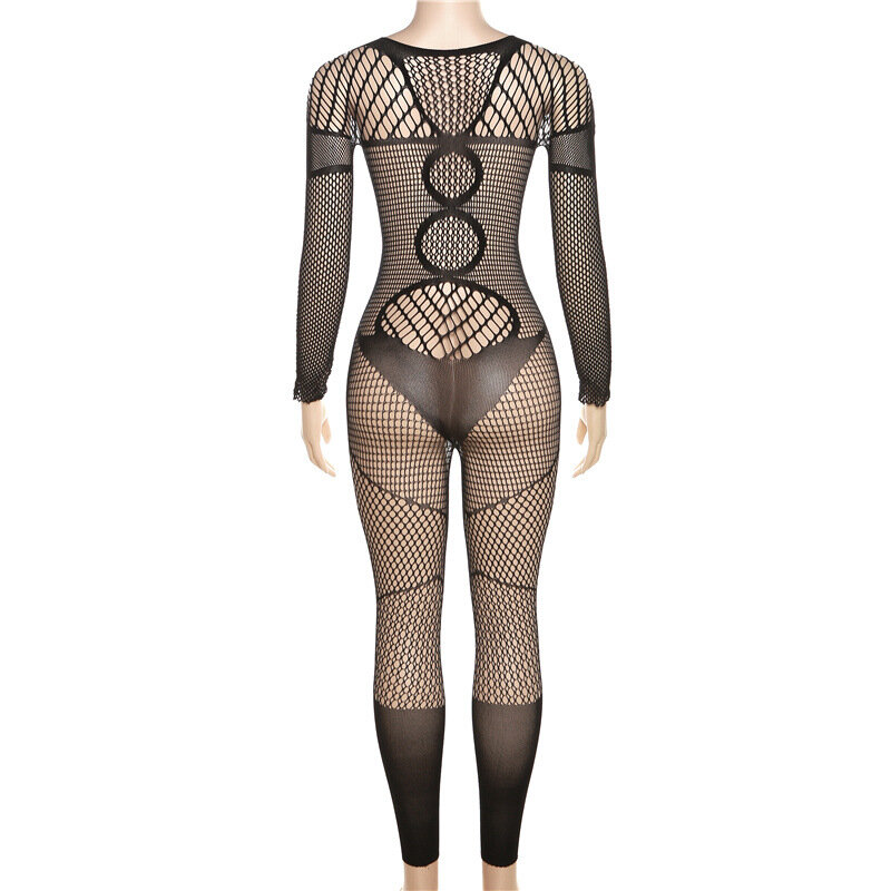 Lovermore 2023 Summer Women's Hollow Out Fishnet Knitted Sexy Casual Skinny Jumpsuits Solid Long Sleeves Jump Suits for Women