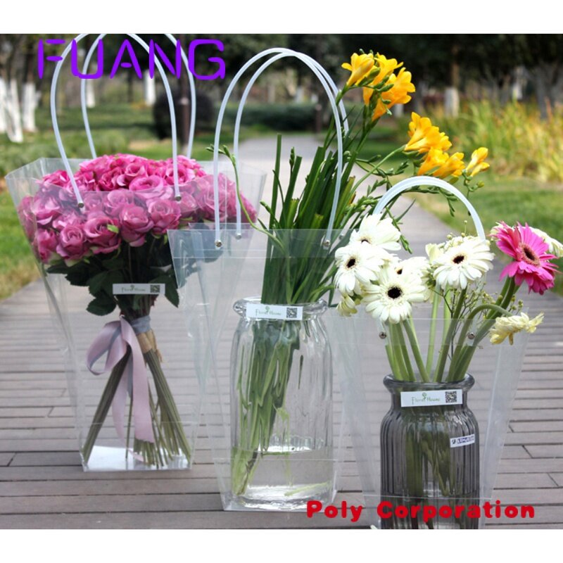 Bolsas de ramo de flores transparentes con asa, suministros de embalaje de tienda de floristería, bolsa de mano de embalaje de regalo transparente