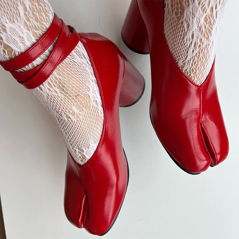 Tabi-Botas de cuero con punta dividida para Mujer, Zapatos de tacón alto y grueso, a la moda, para otoño, 2024