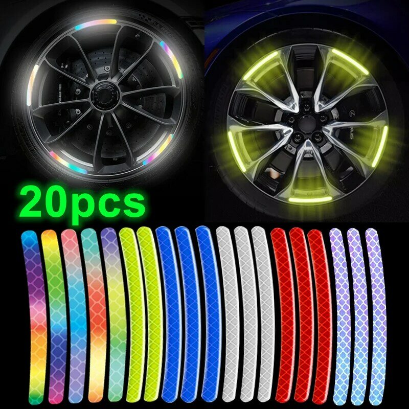 Pegatina reflectante de cubo de rueda de coche, cinta de rayas luminosas fluorescentes de arcoíris, calcomanías de motocicleta, seguridad de conducción nocturna, 20 piezas
