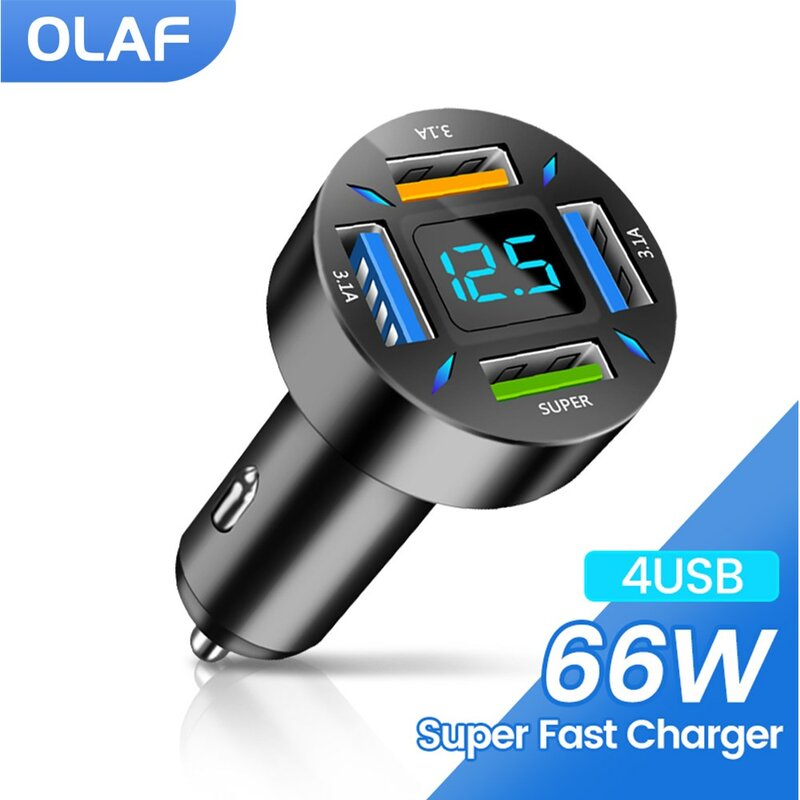 Olaf 4 포트 66W USB 차량용 충전기, 빠른 충전 3.0 QC3.0 PD 20W 자동차 USB 충전기 아이폰 샤오미 삼성