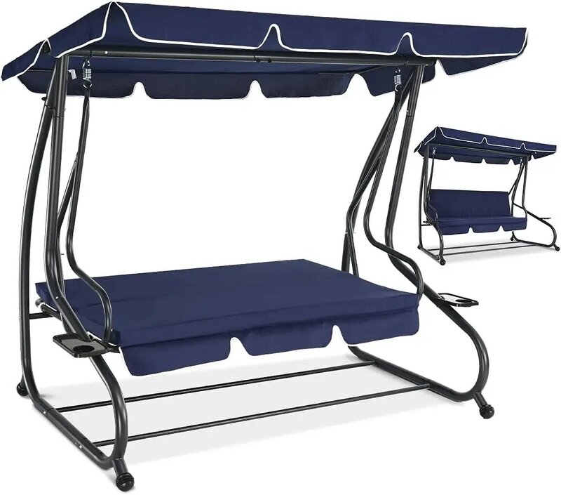 Kursi ayunan teras luar ruangan dengan tempat duduk sandaran tangan 3 orang sejuk Textilene, ayunan teras kanopi dengan bayangan yang dapat disesuaikan