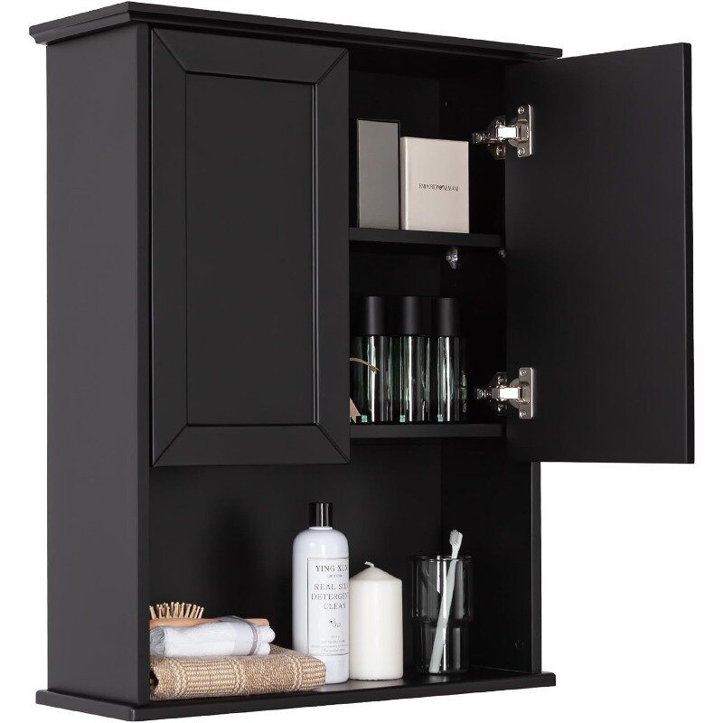 Armario de madera de pared para baño, mueble de almacenamiento con 2 puertas y estantes ajustables, color negro, 23x29 pulgadas