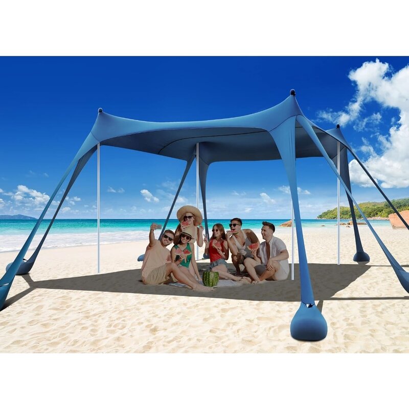 Namiot plażowy, kempingowe osłony przeciwsłoneczne UPF50+ z 8 workami na piasek, łopatkami do piasku, kołkami uziemiającymi i słupkami stabilizującymi, plażą przeciwsłoneczną na zewnątrz