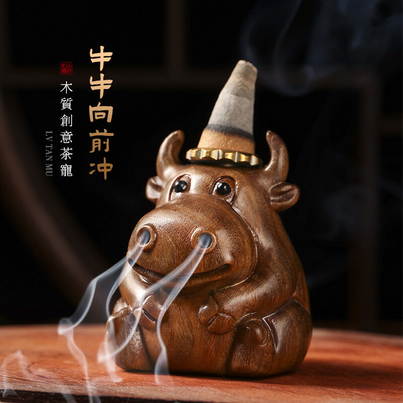 Mini Handmade Carved Cow Craft Gift Tabletop Accessories Backflow Incense Insert Home Decoration