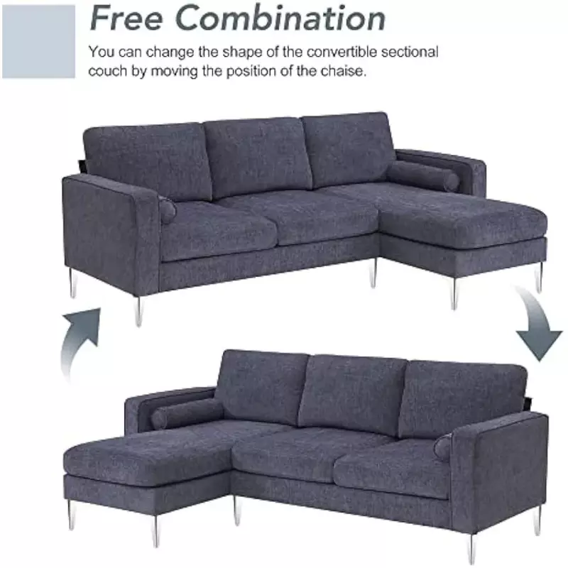 Sofá en forma de L de 3 asientos, convertible con dos almohadas redondas, relleno de esponja, tela de chenilla para sala de estar, sofá seccional moderno