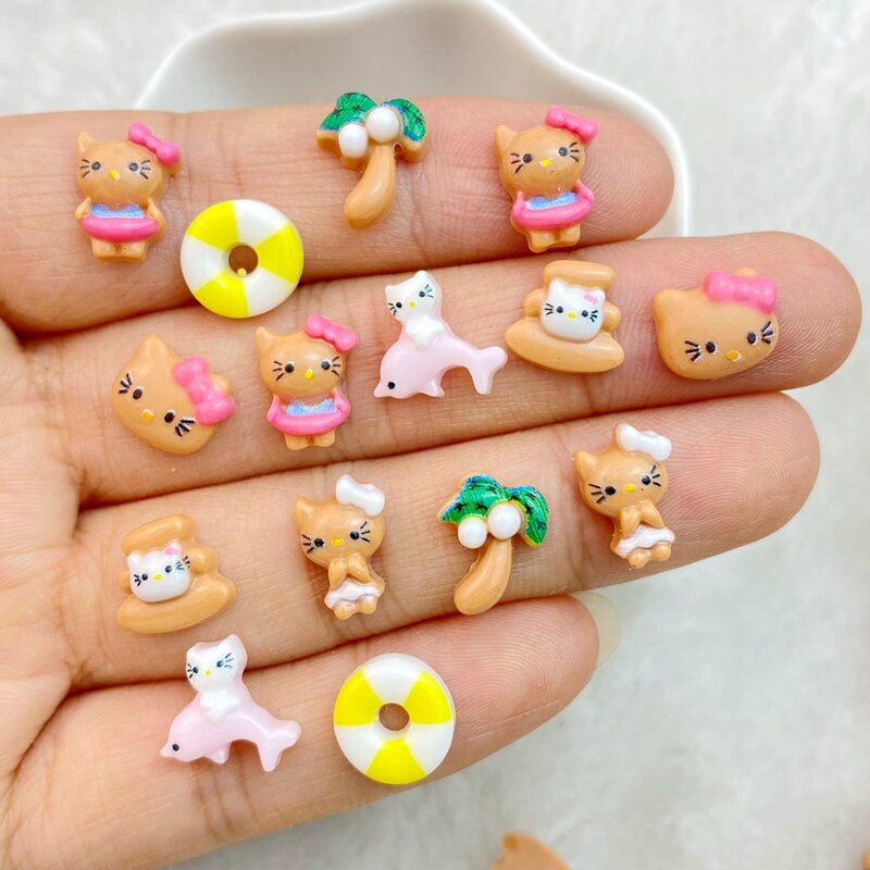 50Pcs New Cute Resin Mini Little Beach Cat Series Flat Back Manicure Parts Embellishments For Hair Bows Accessories