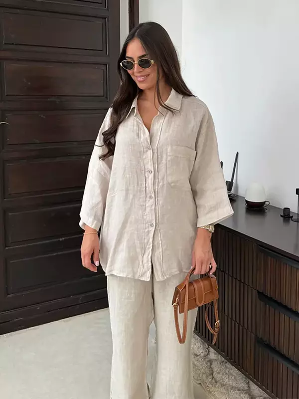 Women Elegant Lapel Pants 2 Piece Sets Chic Long Sleeves With Pocket Shirt Loose Wide Leg Trousers Sets 2024 Streetwear Outfit