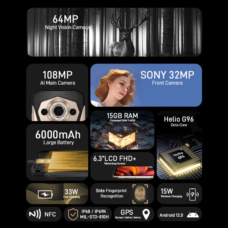 DOOGEE S99 견고한 6.3 인치 나이트 비전, 8GB + 7GB RAM + 128GB ROM, 108MP Ai 메인 카메라, 안드로이드 12.0 소니 32MP 전면 카메라