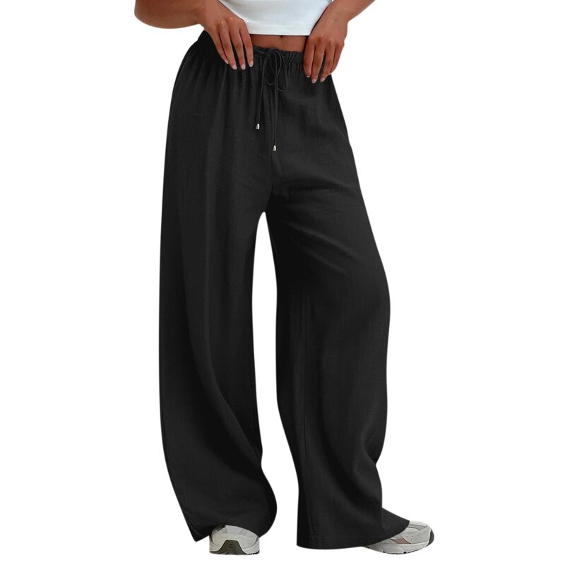 Damen Trend All-Match-Hose lässig lose Hose mit geradem Bein einfarbig Kordel zug elastische Taille lange Hose mit Taschen