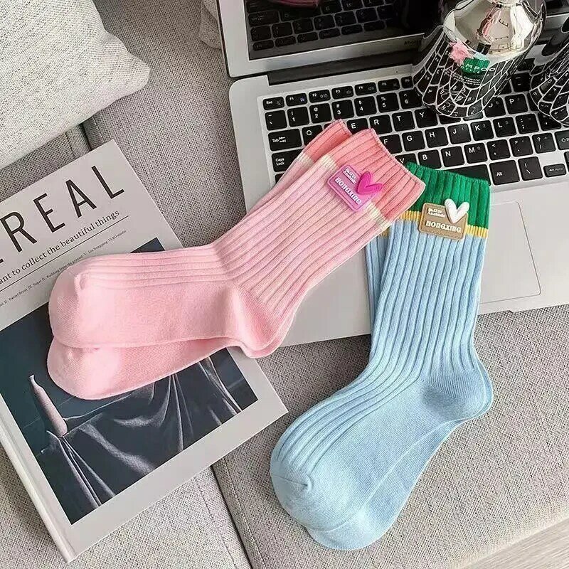 Women's Cotton Autumn Thin Mid-calf Socks Double Heart Color Sweat-absorbent Fashion Socks Accessories Sweety Girls Trendy Socks