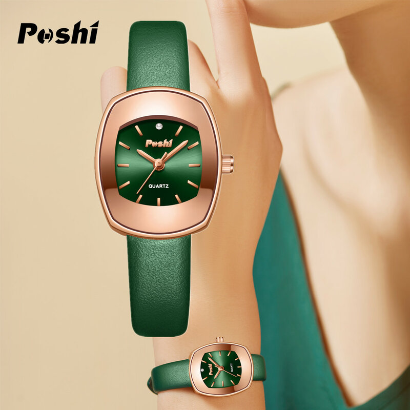 POSHI-Relógio de quartzo feminino original, relógio casual, pulseira de couro, presente para senhoras, moda